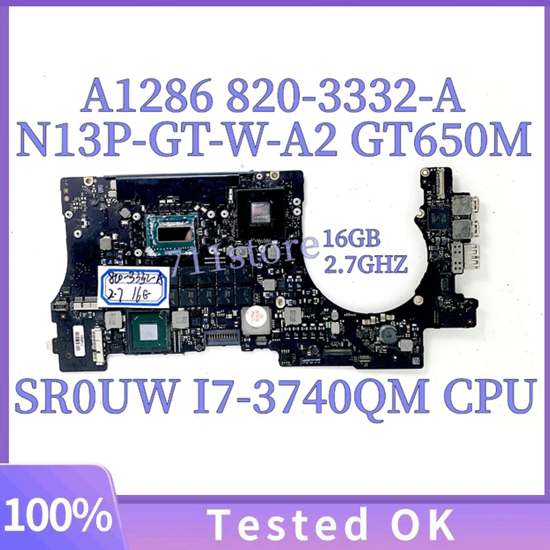 

820-3332-A 2.7Ghz 16GB For APPLE Macbook Pro 15" A1398 Laptop Motherboard N13P-GT-W-A2 GT650M W/ SR0UW I7-3740QM CPU 100% Tested