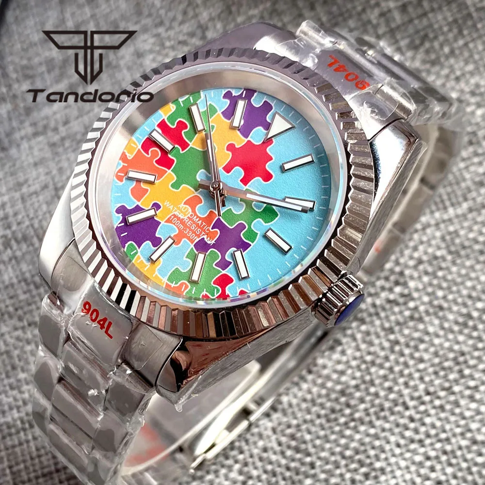 36mm/39mm Stainless Steel NH35 PT5000 Automatic Men Watch Multicolor Dial Puzzle Pattern Fluted Bezel Sapphire Glass Screw Crown