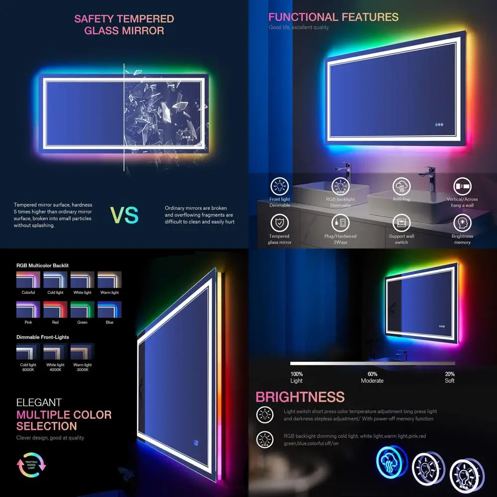 Miroir de courtoisie LED RVB incassable 40 x 24 pouces avec rétroéclairage variable, antibuée et multicolore pour salle de bain