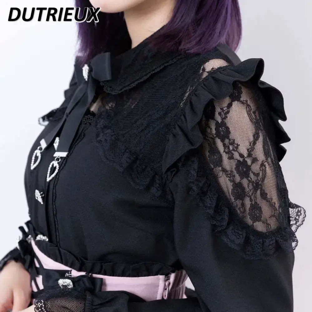 Japanese Style Sweet Lace Stitching Shirt Bow Off-the-Shoulder Bow Long Sleeve Bottoming Blouse Heavy Industry Lady Tops