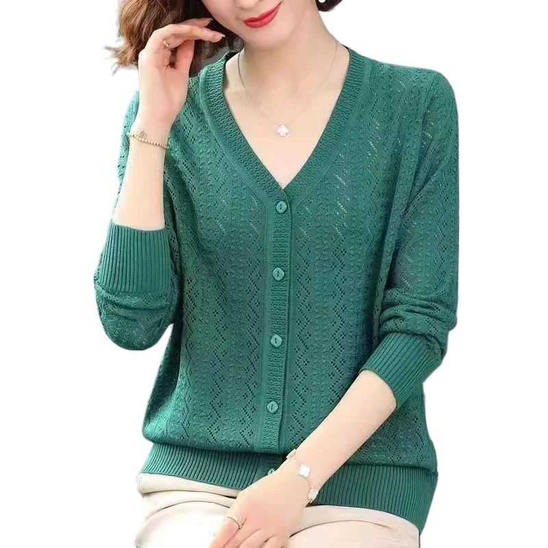 V Neck Sweater Women Spring Women Clothing Long Sleeve Hollow Out Sweater Cardigan Solid Thin Knitwear Single-breasted