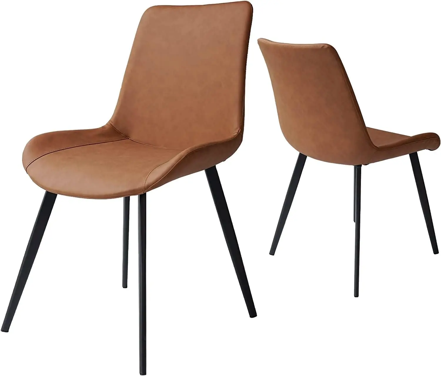 

Set of 2 Modern Dining Chairs, Brown Faux Leather Upholstered Seats, Metal Legs