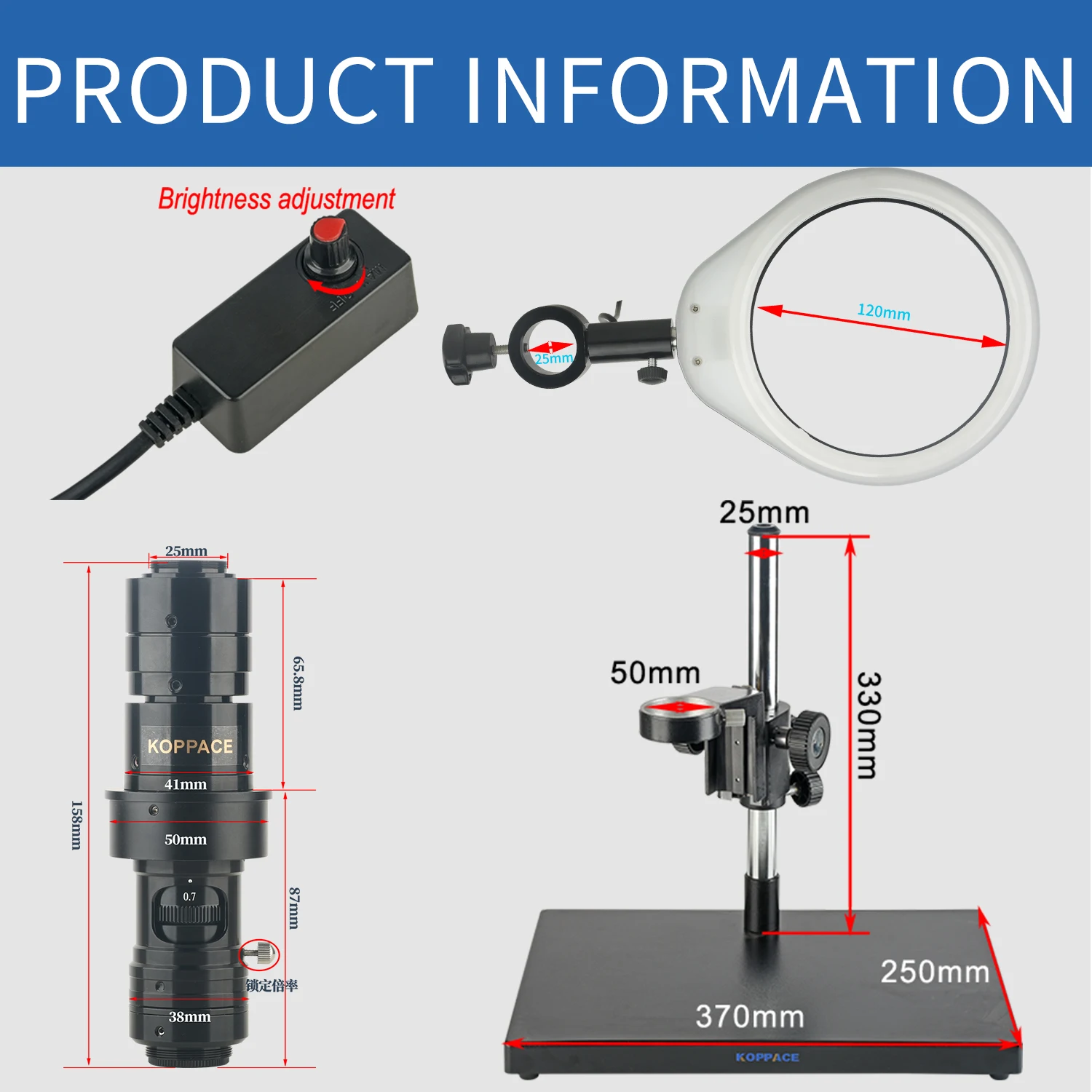 KOPPACE 8X-54X Auto Focus Electron Microscope 220mm Working Distance Zoom Lens