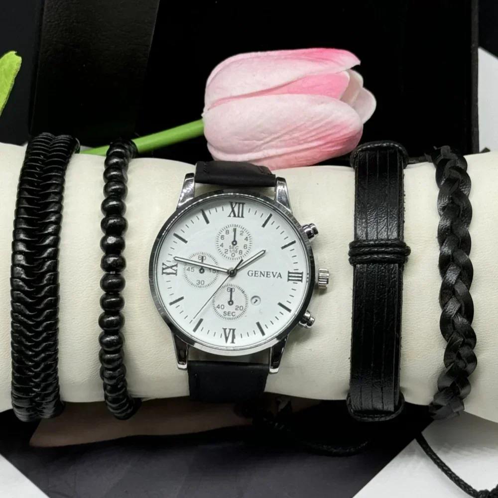 5ชิ้นนาฬิกาควอตซ์ข้อมือสแตนเลสธุรกิจของผู้ชายกล่องสำหรับใส่พักผ่อนกลางแจ้งเล่นกีฬาวิ่ง