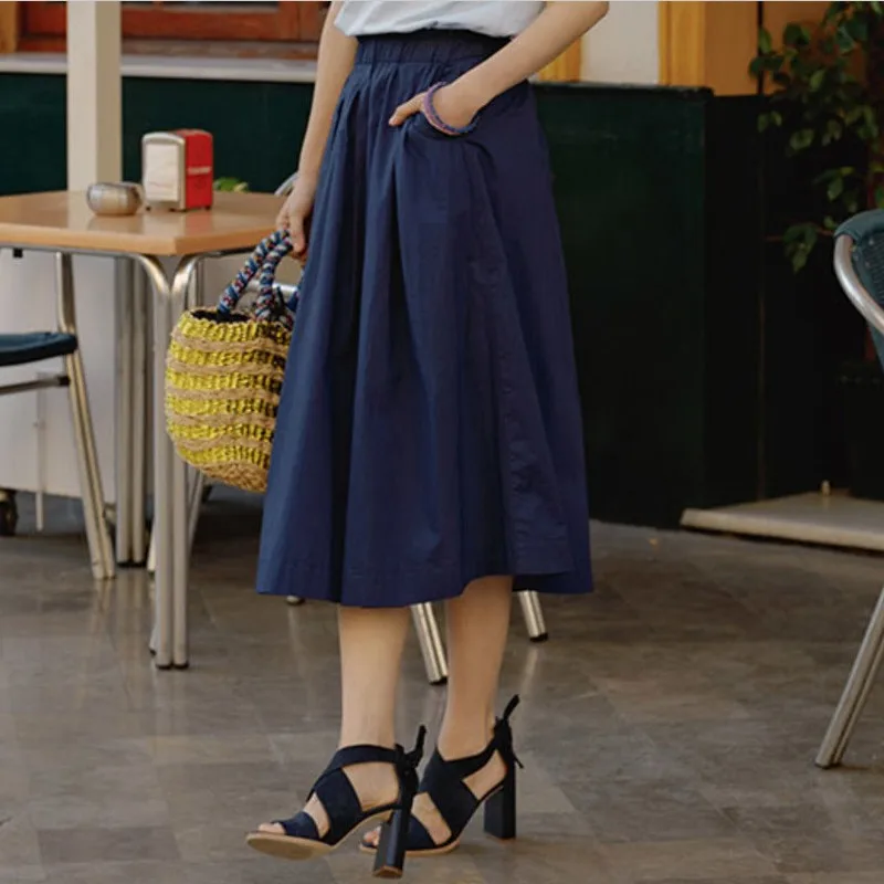Woman cotton linen long skirts 2026 spring summer solid casual A-Line pockets high waist skirt loose blue female chic streetwear