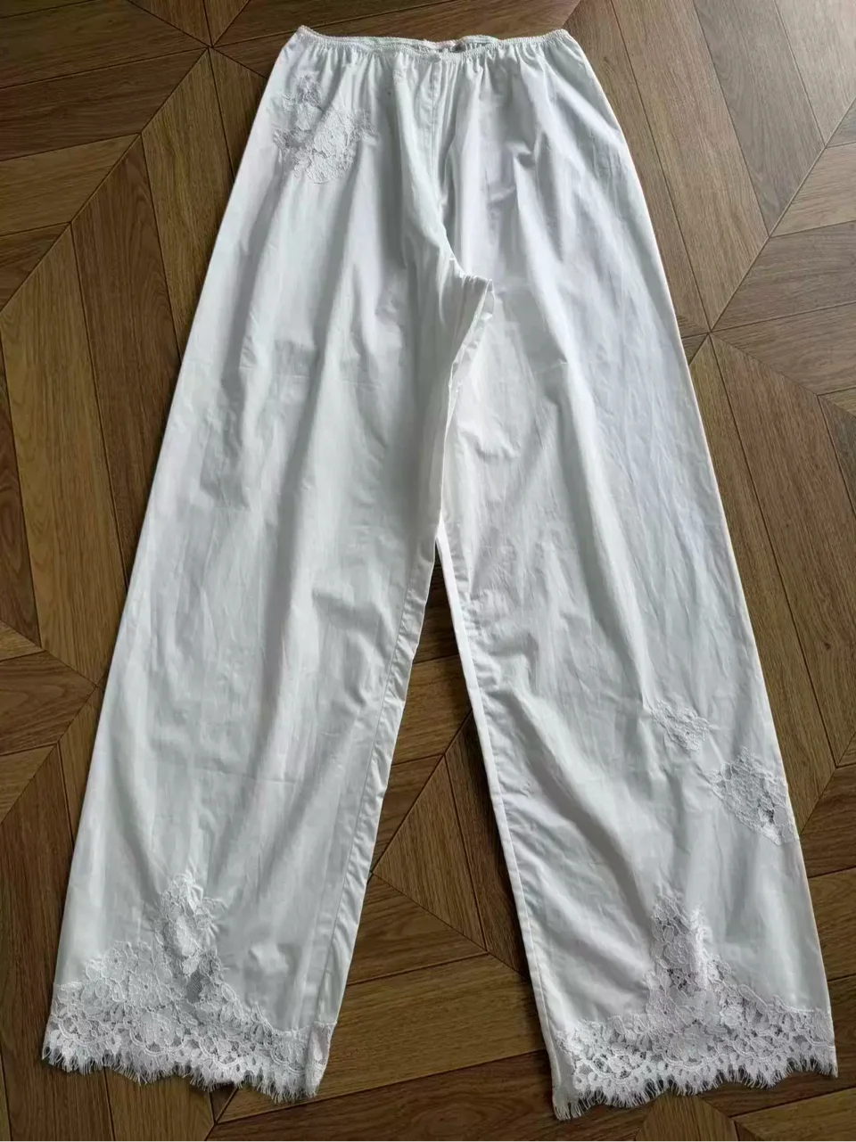 2026 New Women Lace Embroidery Trousers 100% Cotton Solid Color Elastic Waist Fashion Wide Leg Pants