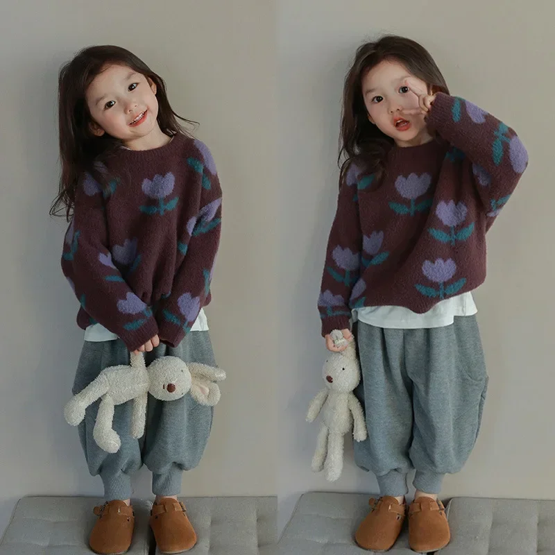 2023 Autumn and Winter New Korean Style Tulip Flower Pullover Sweater Fashion Stylish Top Children Clothing Girls Sweater