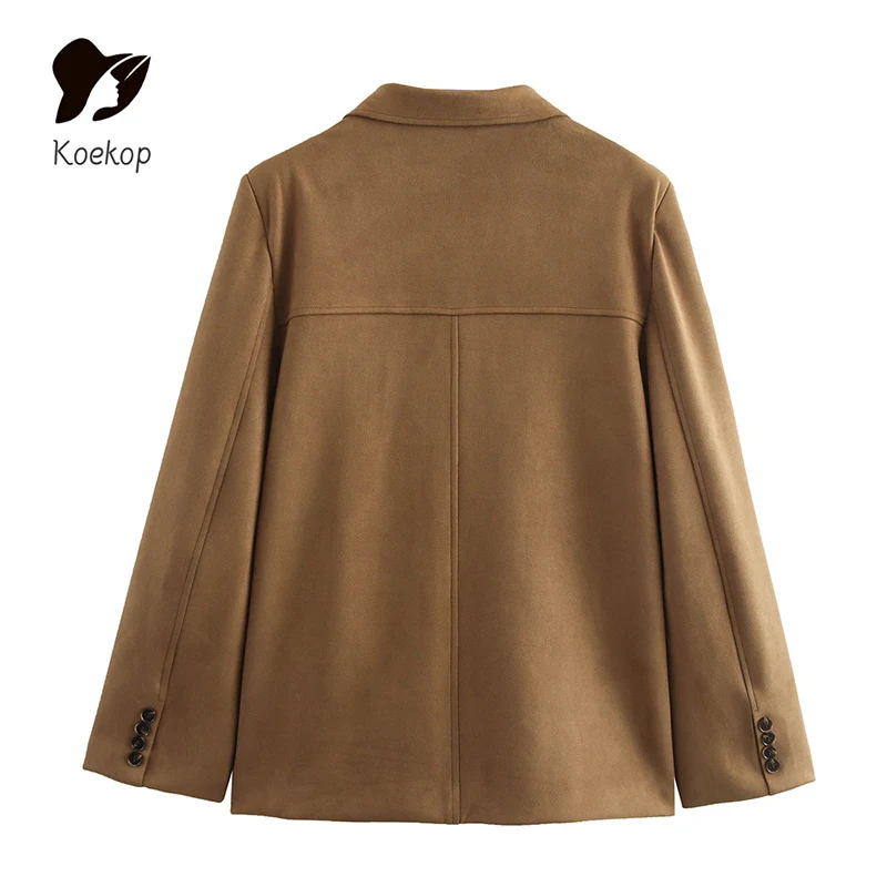 Koekop Women\'s Fashion Solid Color Lapel Single Breasted Blazer Vintage Casual Temperament Chic Lady Loose Jacket