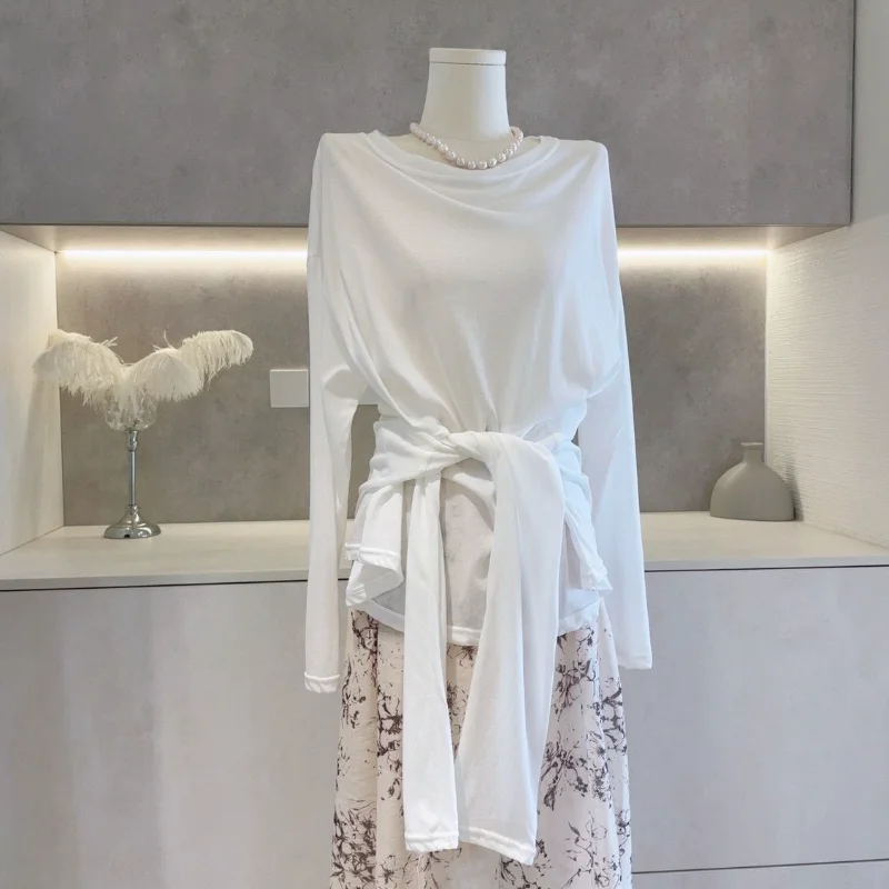 

2025 Fashionable and Versatile One-shoulder Irregular Hem Lace-up Top Slim Comfortable T-shirt