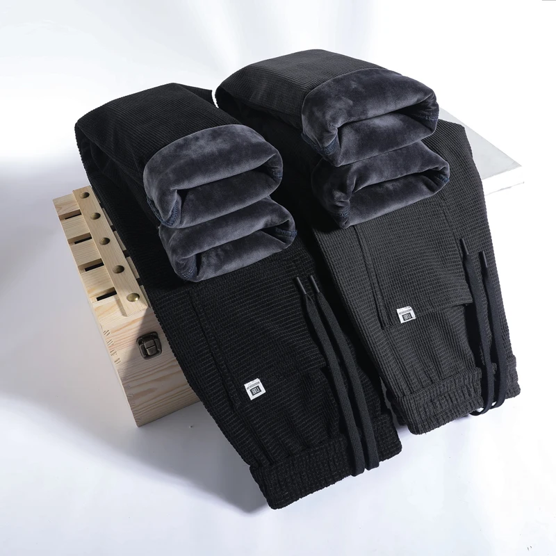 

Зимние вафельные флисовые мужские повседневные брюки, утепленные, теплые, с эластичной резинкой на талии, свободные прямые спортивные штаны на шнурке, спортивные штаны