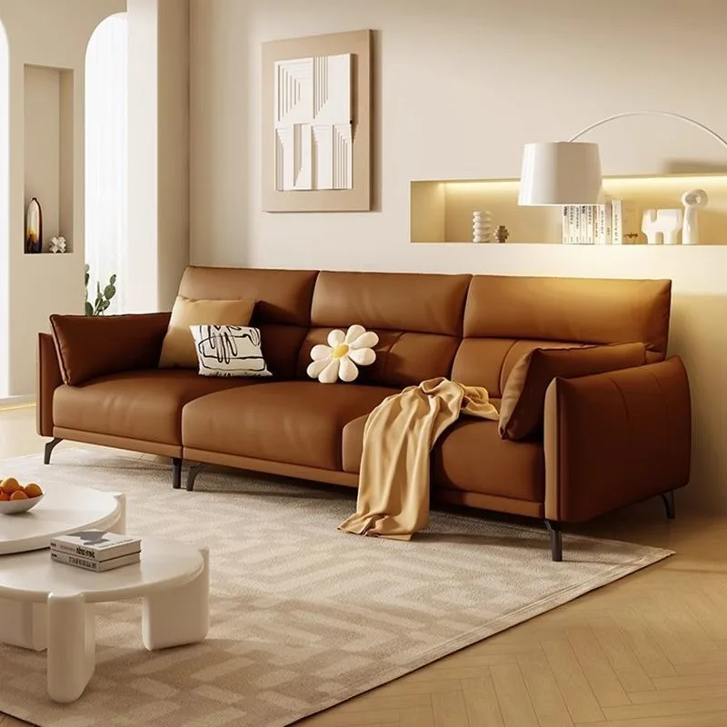 

Italian minimalist leather sofa living room small apartment modern light luxury simple Nordic straight row