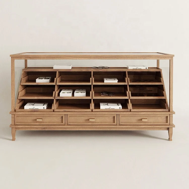 Elegant Drawer Chest Wooden Display Cabinet Island Counter Custom Boutique Garment Clothing Shoes Stand Rack for Clothes Store