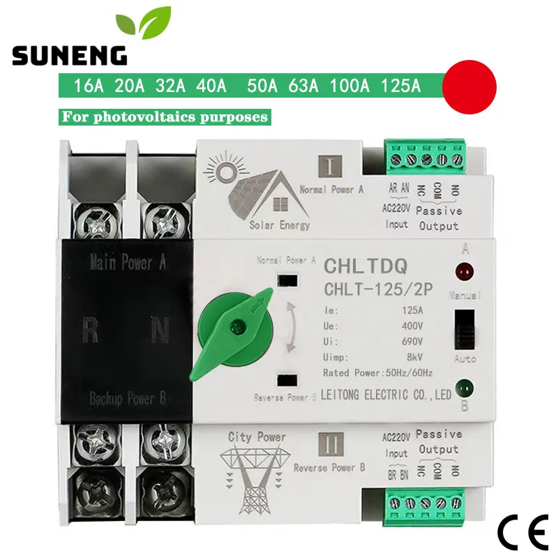 Solar Type 63A 100A 125A 2P 4P Mini ATS Dual Power Automatic Transfer Switch for PV and inverter Din Rail