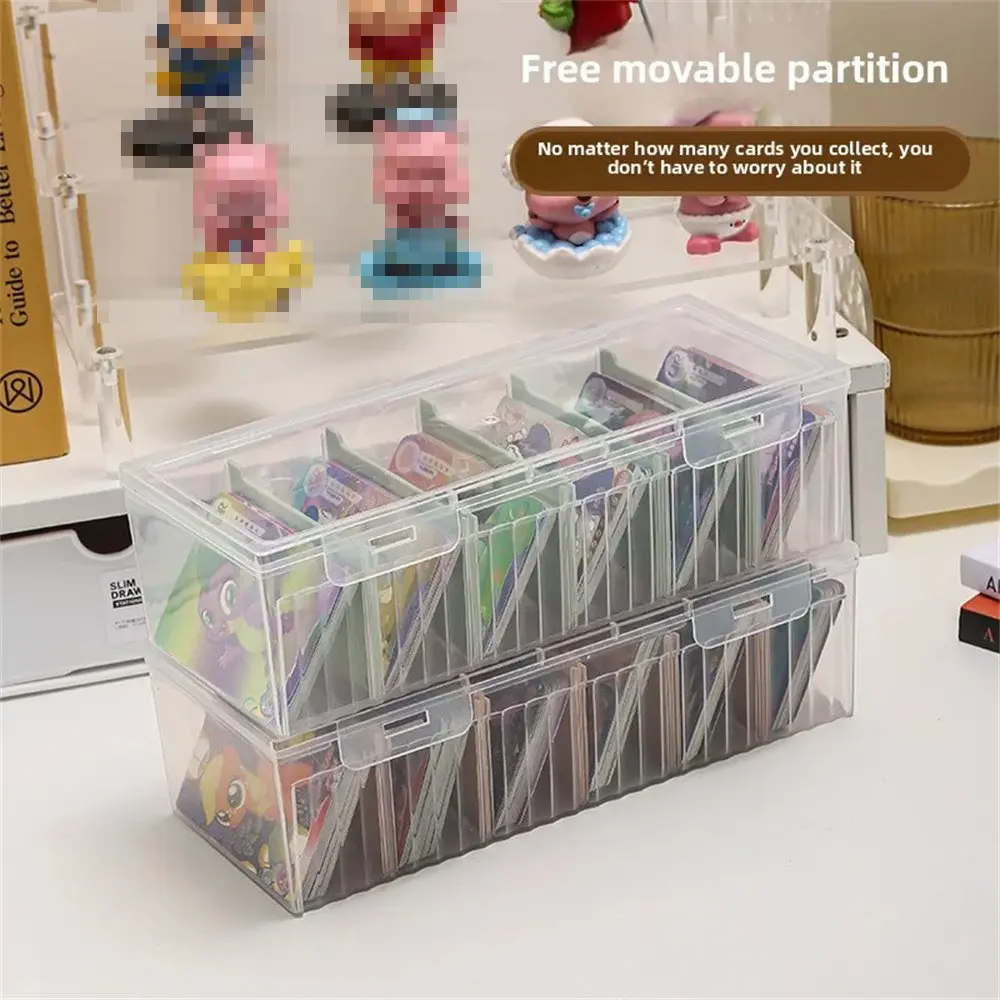 Caixa de armazenamento de plástico transparente, grande capacidade, cartões de jogos, fotos, caixa de armazenamento com divisória ajustável, mesa de escritório, à prova de poeira, 1 peça