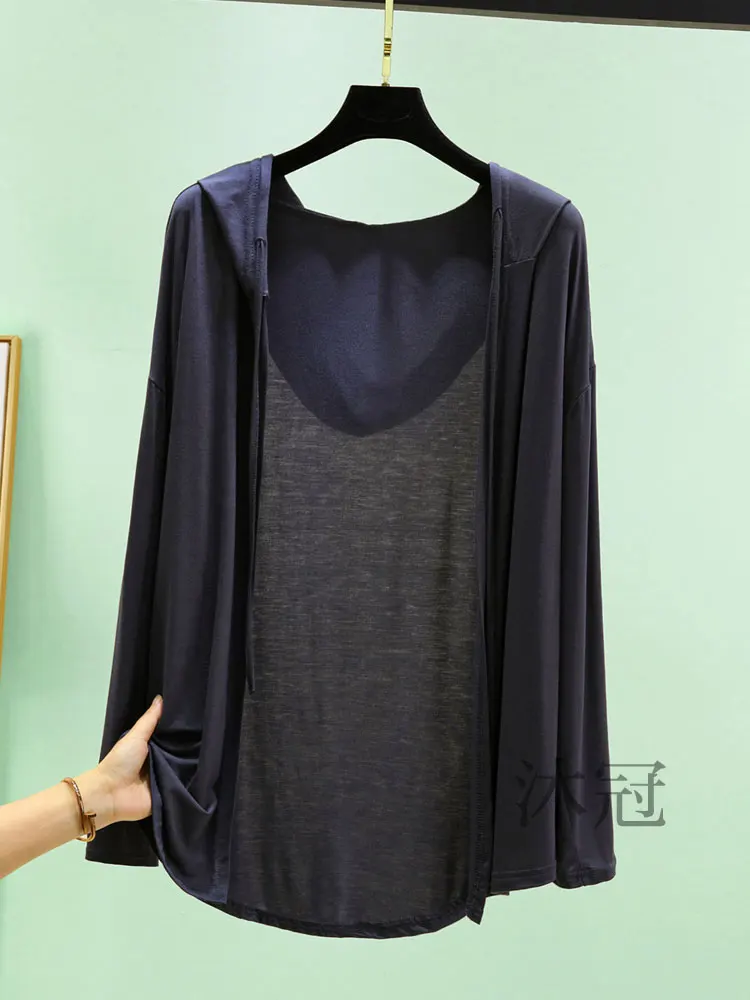 Kardigan Panjang Wanita Berkerudung Model Terbuka Bahan Modal Musim Panas Longgar Ukuran Besar Pelindung Sinar Matahari Pendingin Udara Panjang Sedang...