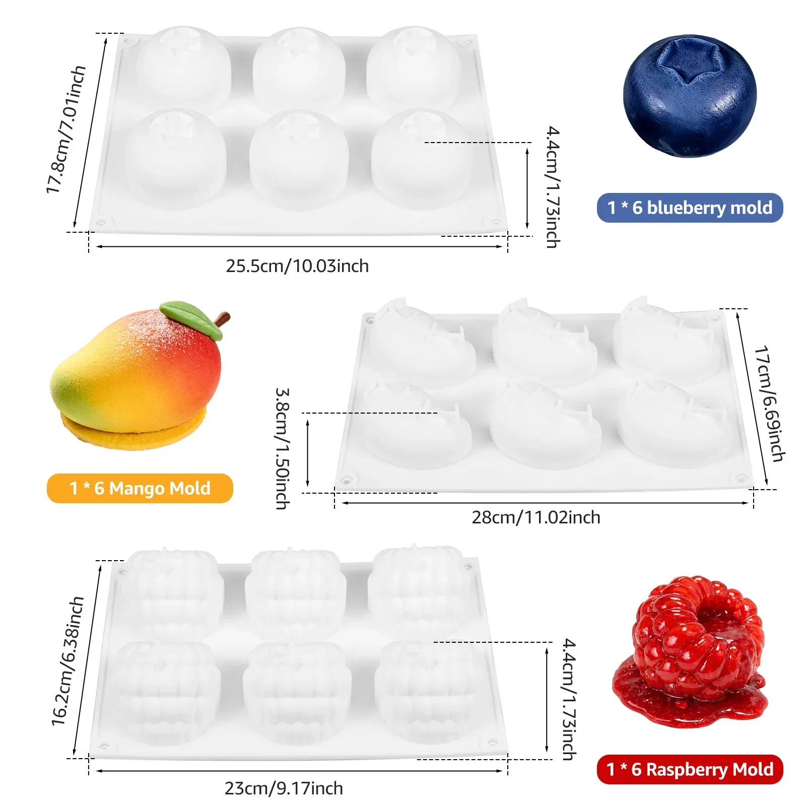 3Pcs 3D Mango Raspberry Blueberry Shaped Silicone Cake Molds Pastry Bakeware Fruit Mousse Cake Baking Mousse Dessert Baking Tool