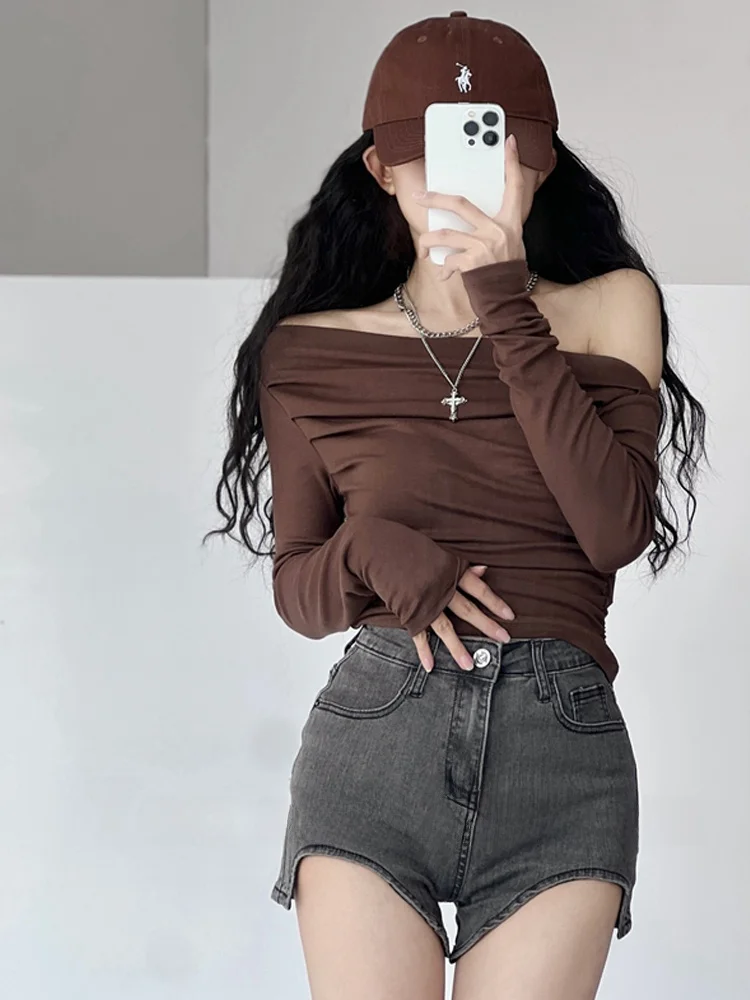 

Sexy oulder Bared Long Sve T irt for Trendy Girls Spring Autumn Pure Color Slim Fit Asymmetric Base irt Hot Girl