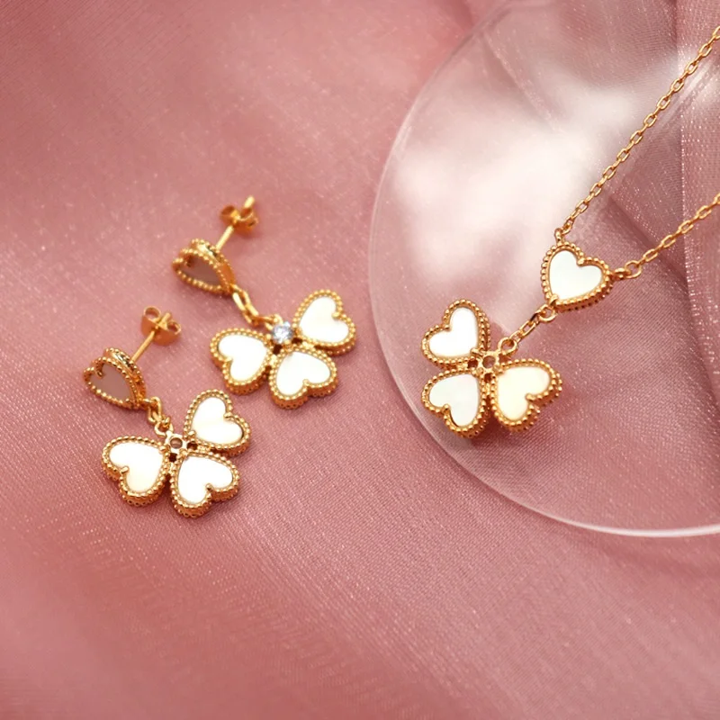 Vintage Clover Gold Zicorn Four Hearts  Earrings Necklace Earring Set for Women Engagement Party Jewelry