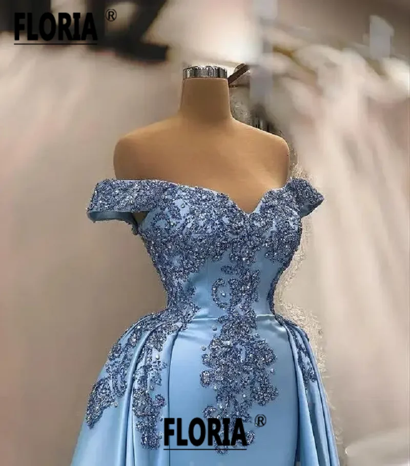 Elegante Sweetheart Blue Mermaid abito da sera formale Appliques di pizzo Overskirt abiti da festa lunghi abiti da ballo Vestidos De Noche