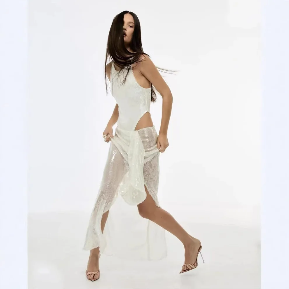 فستان سهرة مثير بدون أكمام بخصر مفتوح وقطعتين، فستان حفلات طويل بأكمام قصيرة ورقبة دائرية