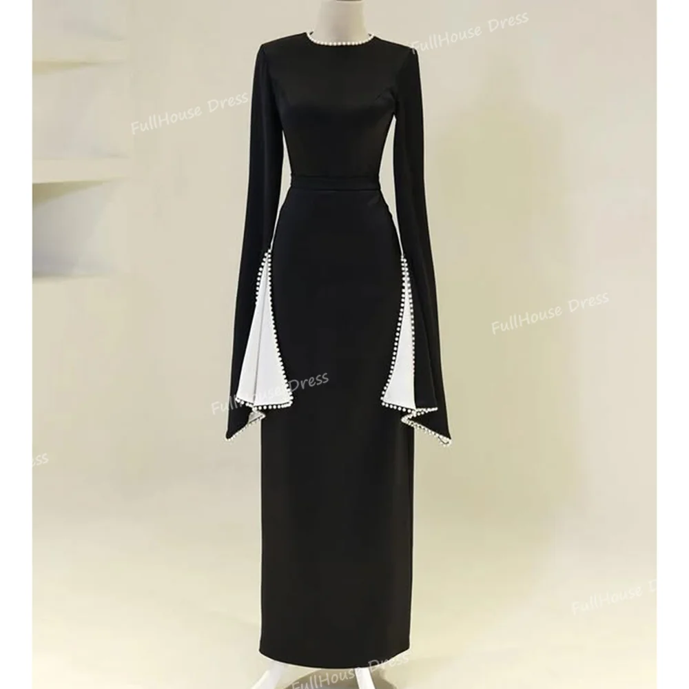 

Custom Made Graceful O-neck Solid Long Sleeve Ankle Length Bridal Evening Gown Back Slit Prom Dress with Pearls vestidos de