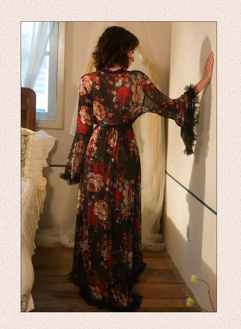 Aromatherapy French-style Retro Floral Sheer Chiffon Nightgown With Long Sleeves, V-neck, Fringed Trim And Drawstring Waist