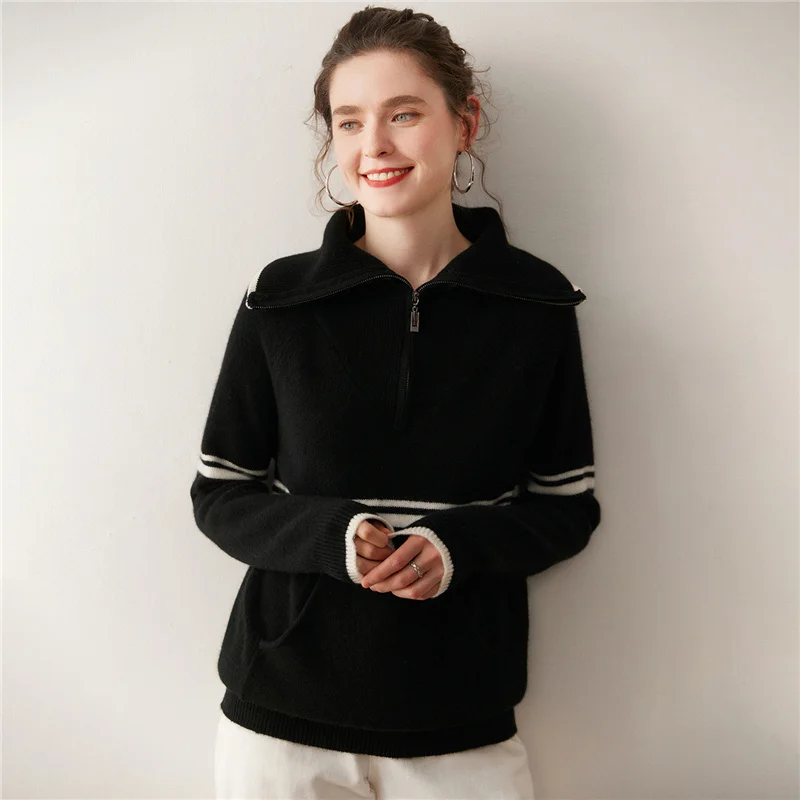 100% Cashmere Women's Sweater Collar Women's Knitted Hoodie Thickened Black Women's Sweater Zipper Women's Sweater