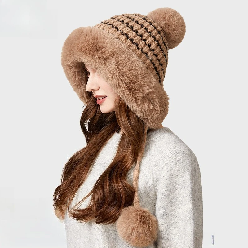 Popular Knitted Hat European and American Winter New Large Fur Collar Thickened Wool Hat Women's Three Hair Ball Thermal Hat
