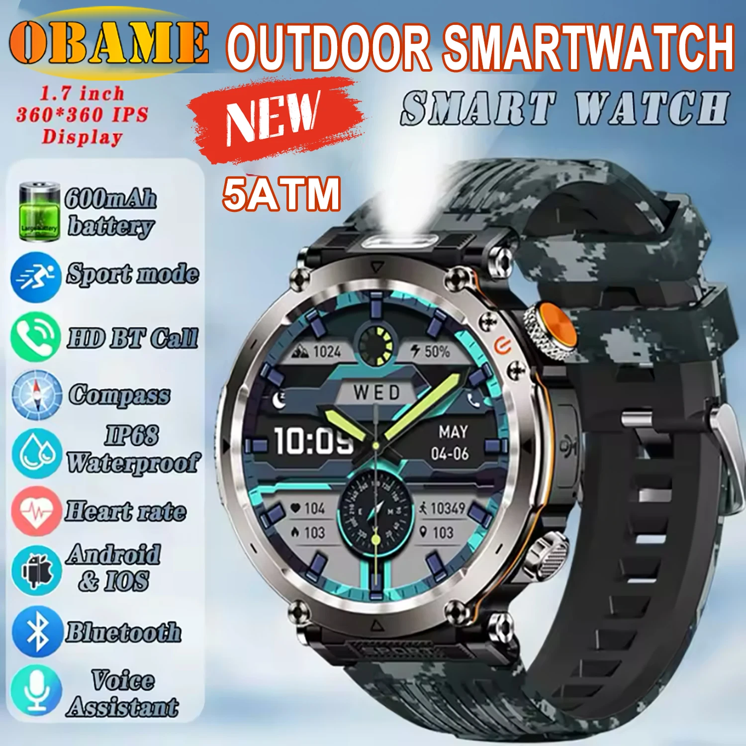 5ATM Waterproof Smart Watch Men 600mAh Outdoor SmartWatch GPS Compass Heart rate LED Flashlight Bluetooth Call Sports Smartwatch