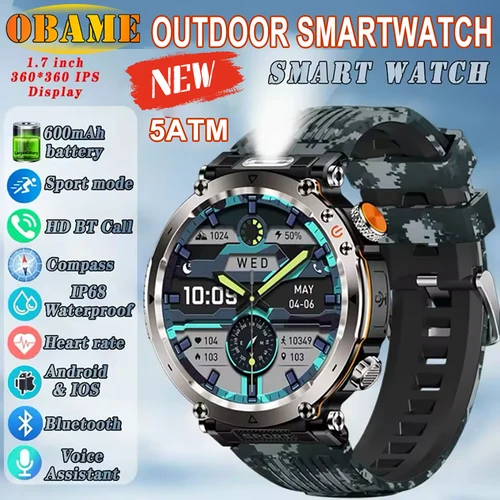 Reloj inteligente resistente al agua 5ATM para hombre, 600mAh, reloj inteligente para exteriores, brújula GPS, linterna LED de ritmo cardíaco, llamada Bluetooth, reloj inteligente deportivo