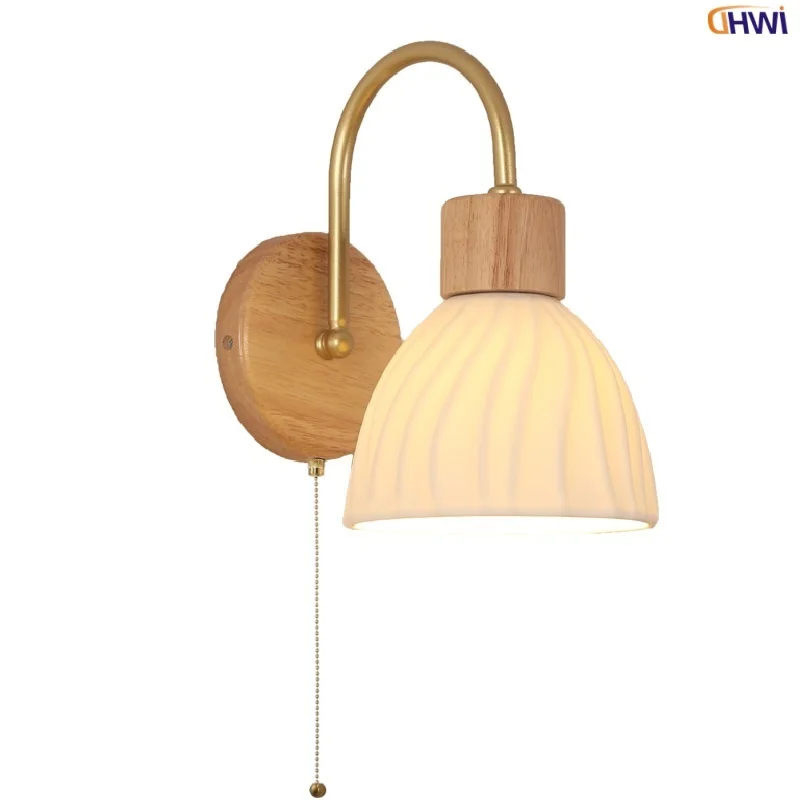 

IWHD Nordic Modern LED Wall Light Sconce Pull Chain Switch Restaurant Aisle Bedroom Wood Canopy Cermaic Bedside Lamp Lamparas