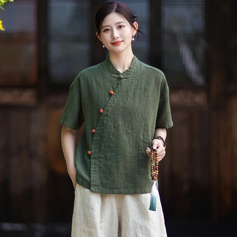 Chinese Style Women Cotton Linen Casual Shirt New Arrival 2026 Summer Vintage Stand Collar Female Short Sleeve Tops Shirts M2872