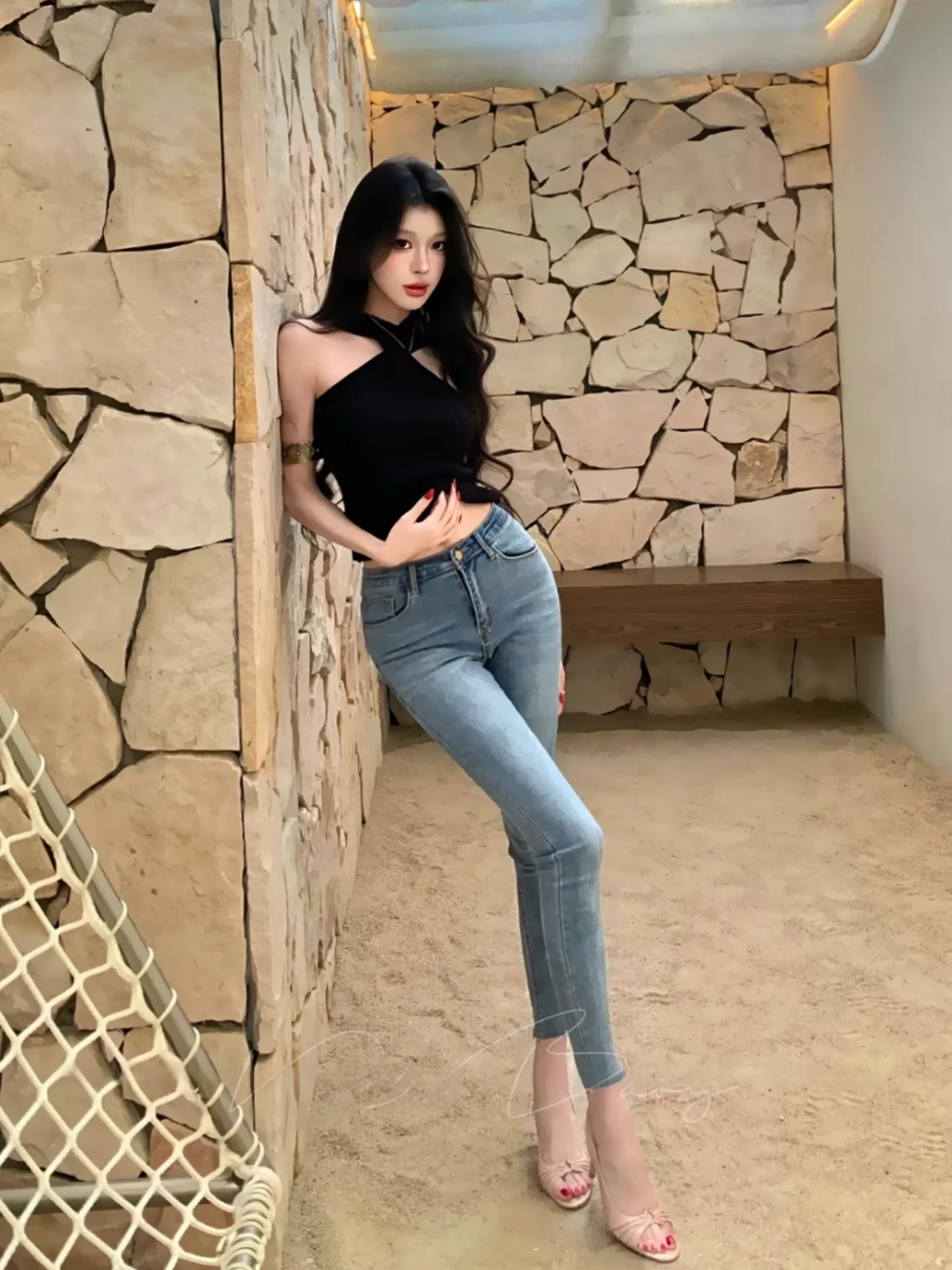 

Retro High Waist Slim Fit Blue Denim Jeans Women's Versatile Sle Korean Sister's Sexy Thin Leggings Cotton Stretch Denim