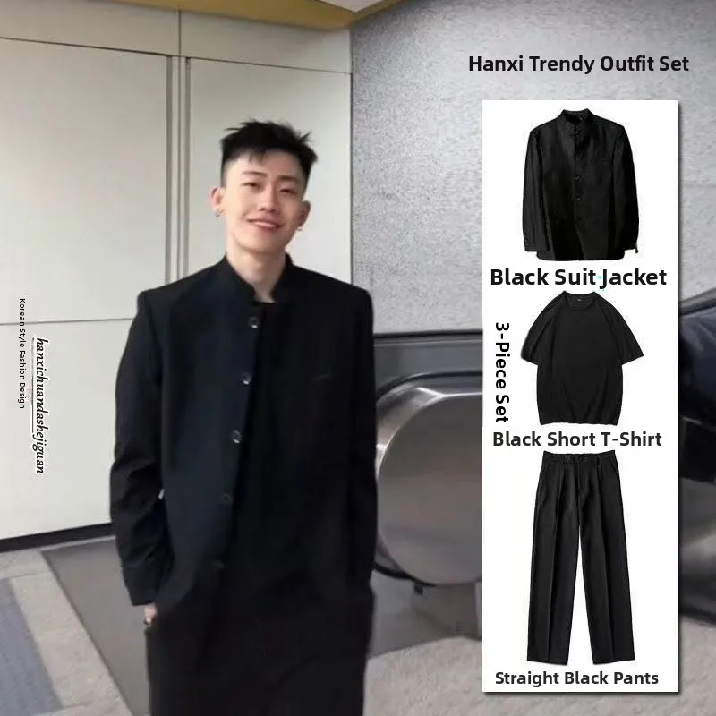 

Молодежный костюм-френч Ouyang Shanhua с воротником-стойкой, осенне-весенний, с двойным разрезом, стандартный крой, полиэстер