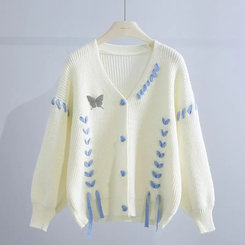 

Women's Button Bandage Lantern Long Sleeve V-Neck Screw Thread Sweater Knitted Casual Cardigan Coats Autumn Winter Korean Tops