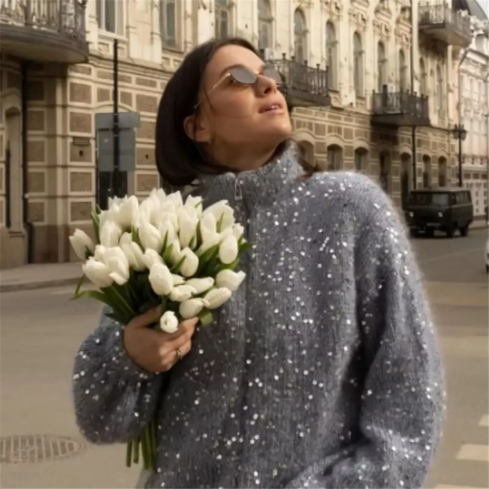 Women's Outwear Sparkly Sequin Sequin Knitted Cardigan Stand Collar Long Sleeve Y2K Sweater Glitter Lapel Coat Autumn Winter