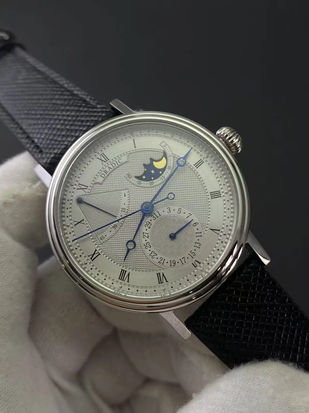 Luxury Moon Phase Power Reserve Automatic Mechanical Watch Professional Seagull Movement Guilloche Texture Roman Dial Elegant Th