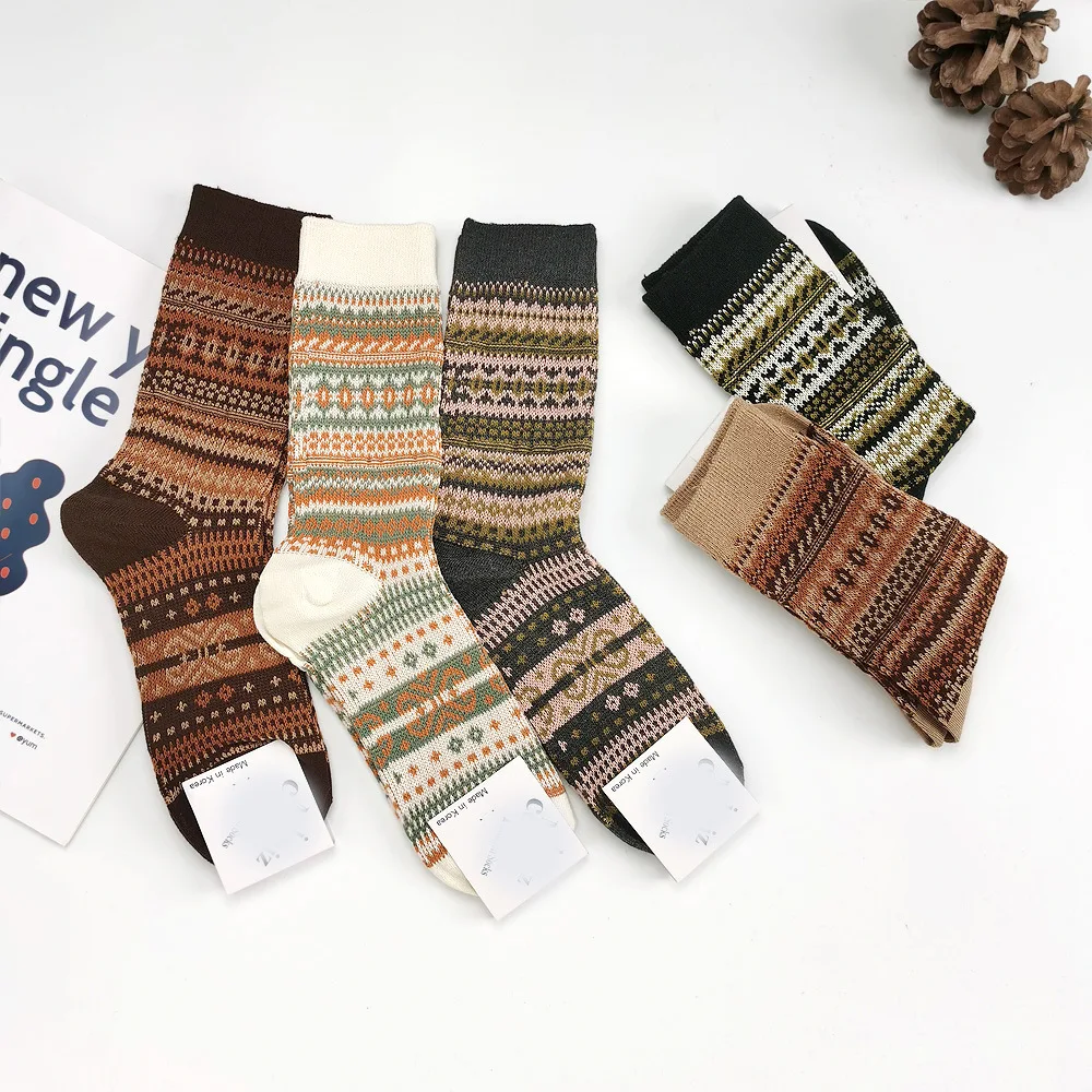 Retro Women Socks Spring Autumn Ethnic Style Men Couple Cotton Socks National Wind Stripes Pattern Khaki Solid Color Socks