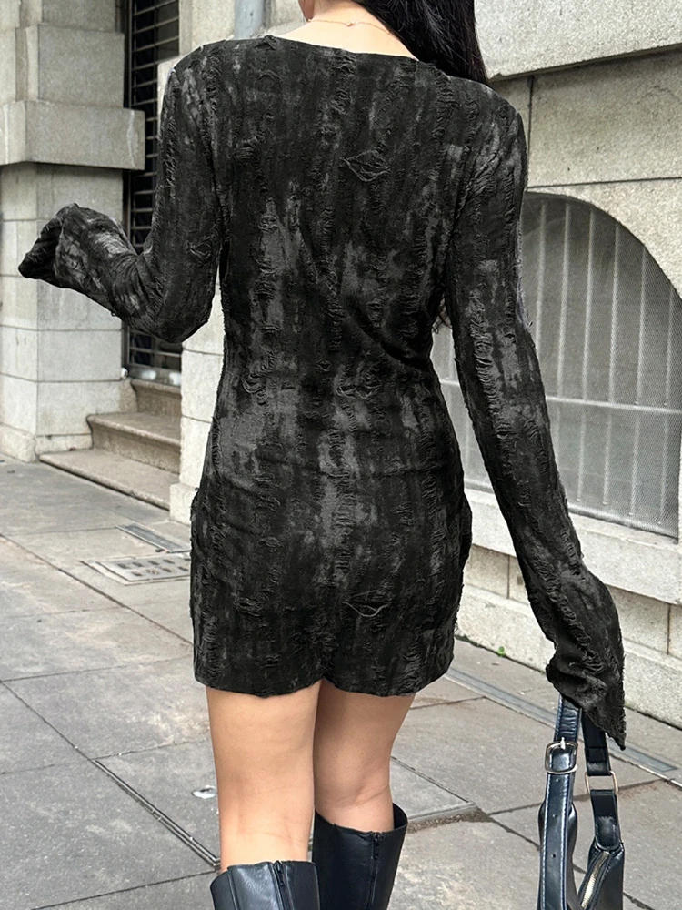 فساتين راقية داكنة للنساء للخريف برقبة دائرية وأكمام طويلة تنورة ضيقة ضيقة بتصميم محكم بتصميم كلاسيكي أنيق