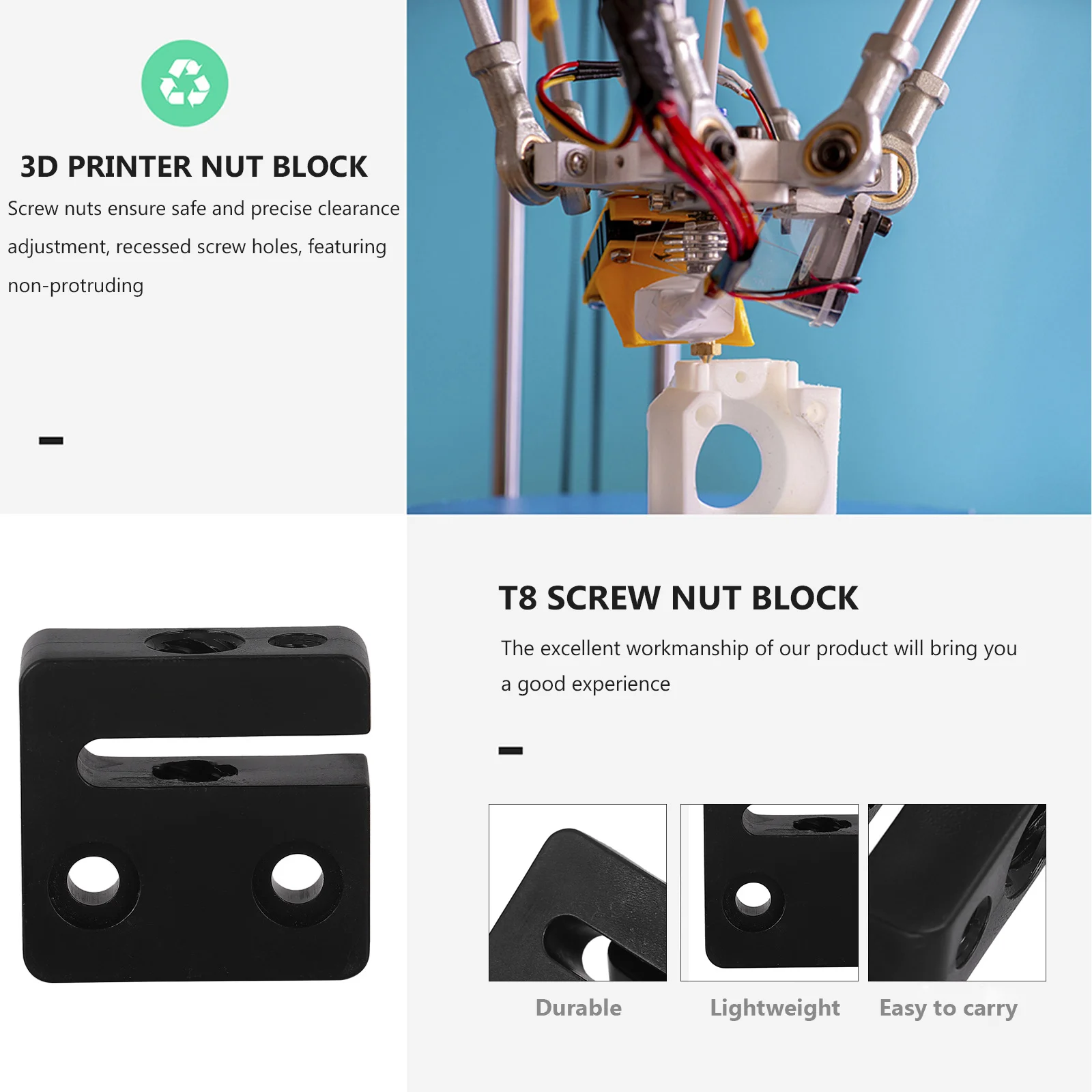 

2Pcs 3D Printer Plastic Screw Nut Block Anti-Backlash Nut Base Precise Thread Clearance Durable and Easy Use