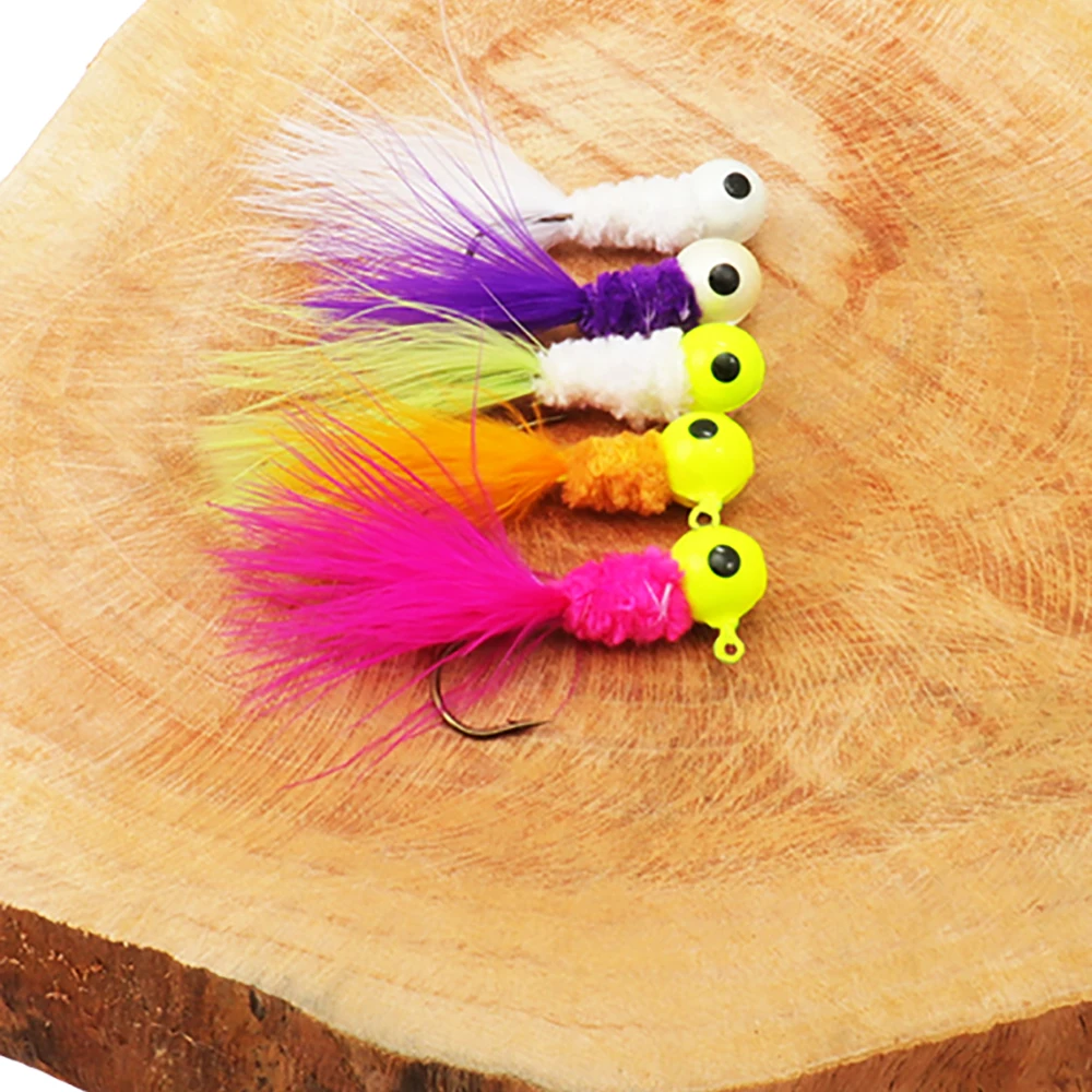 5PCS Feather Metal Jig Head Hook Fishing Crappie Marabou Lure Kit for Walleye Panfish Sunfish Bluegill Perch Bait Swimbait Pesca