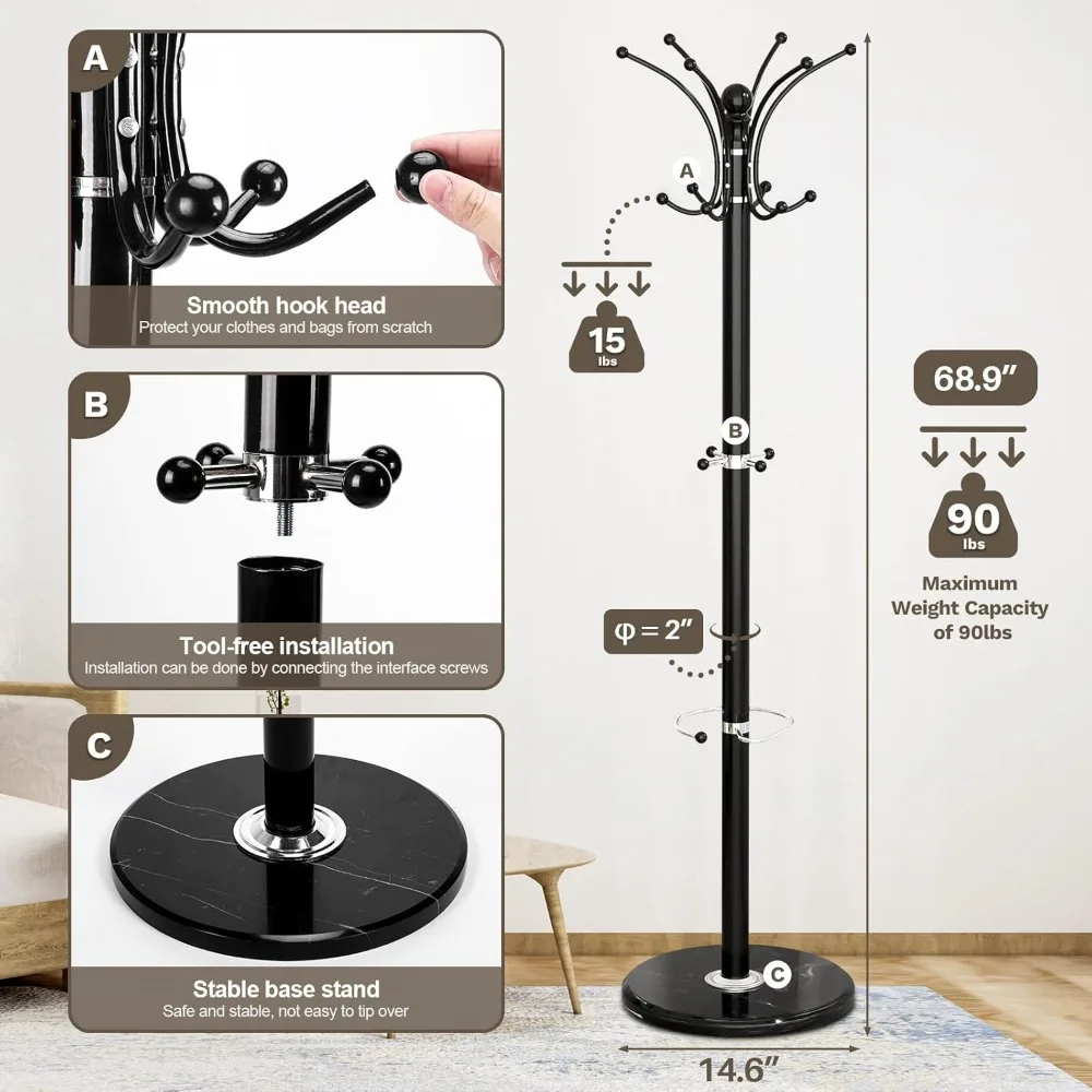 Coat Rack Freestanding W Marble Base, Heavy Duty Clothes Tree W Hooks and Umbrella Storage, Metal Hall Holder for Hanging Jacket