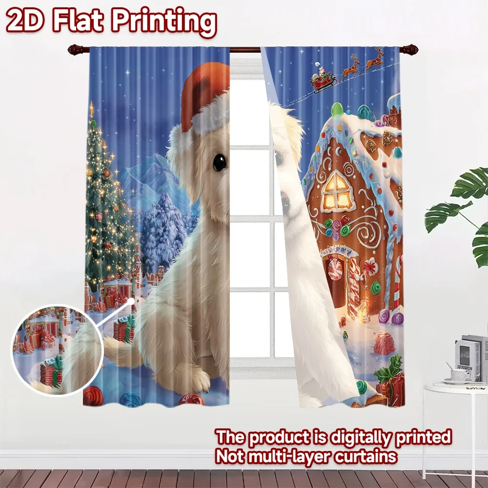 2D flat printing 2pcs Curtain Cute Bichon Frise Christmas Gingerbread Digital Printed Polyester Drapes Birthday Party Perfect