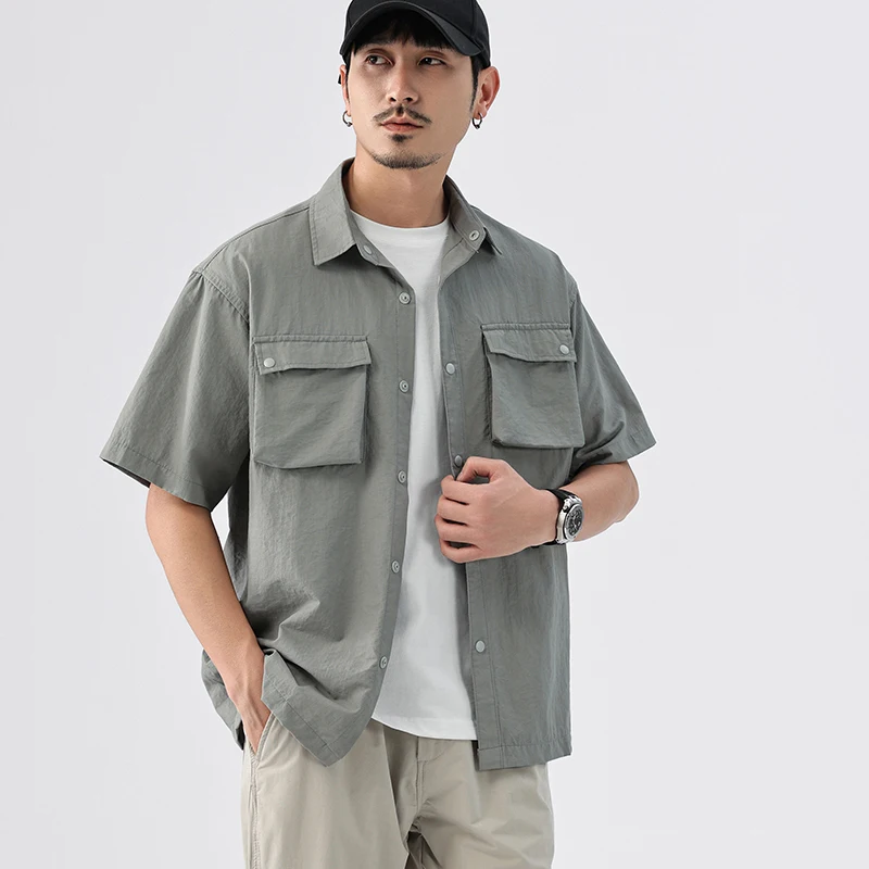 Summer Lightweight Quick Dry Short Sleeve Cargo Shirt Men's American Fashion Streetwear Loose Casual Plus Size Shirts Tops