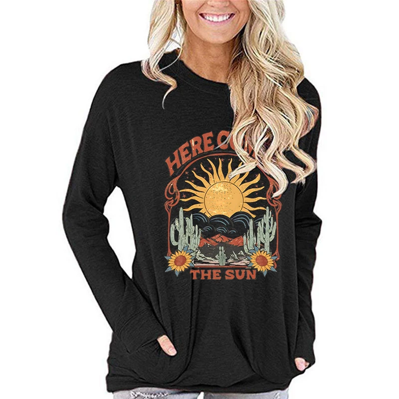 Women Here Comes The Sun Print T-Shirt Clothes Fashion Long Sleeve Clothing Female Vintage Tops Tee Shirts Casual Streetwear