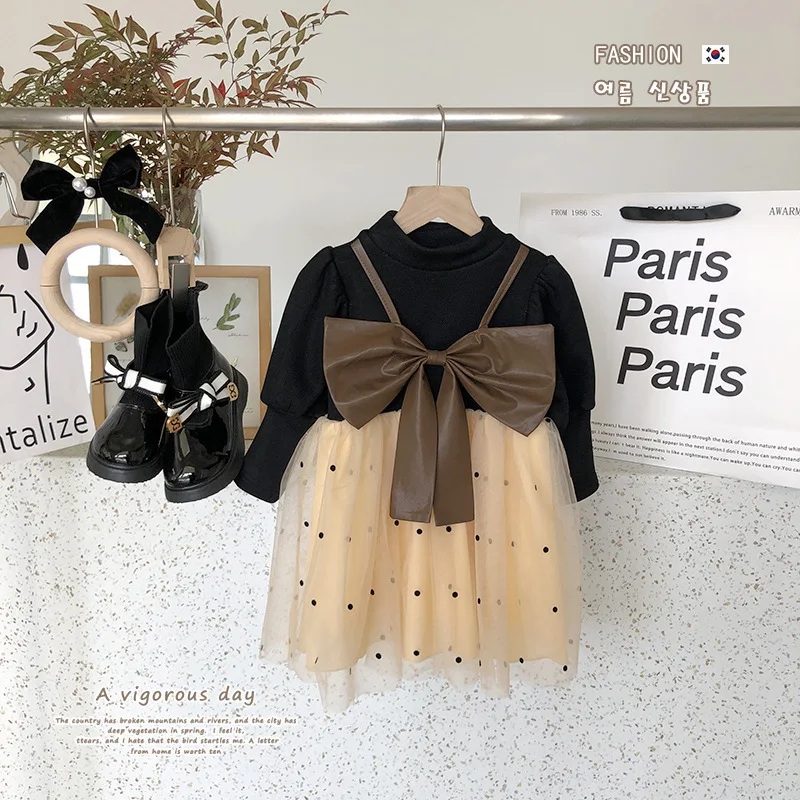 

Girls' Fleece-Lined Dress2025Winter New Children's Big Bow Fake Two-Piece Puffy Tulle Dress