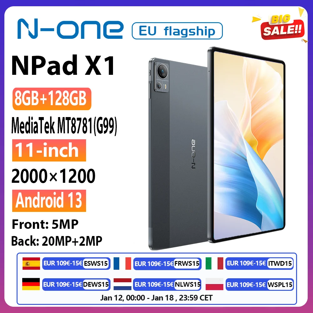N-one NPad X1 MTK G99 Tablet a 8 core 10.95'' Android 13 Ricarica rapida 8600mAh MAX 16GB 128GB 2000*1200 FHD 4G LTE Supporto L1
