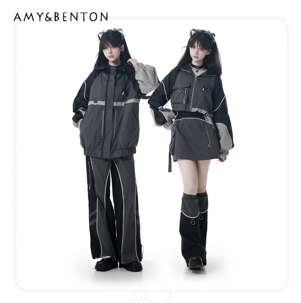 

Harajuku милый крутой функциональный стиль субкультура осенне-зимний комплект готическая вышивка лоскутная куртка с капюшоном мини-юбка брюки