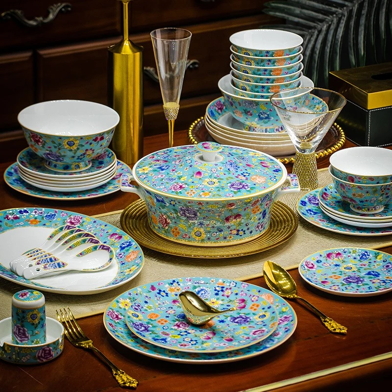 Dish set for home use 2023 new enamel color Jingdezhen bone china