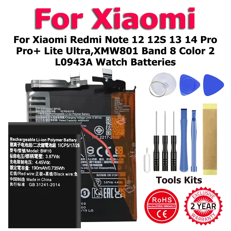 552425GH BP4J BW10 Battery For Xiaomi Redmi Note 12 12S 13 14 Pro Pro+ Lite Ultra , XMW801 Band 8 Color 2 L0943A Watch Batteries